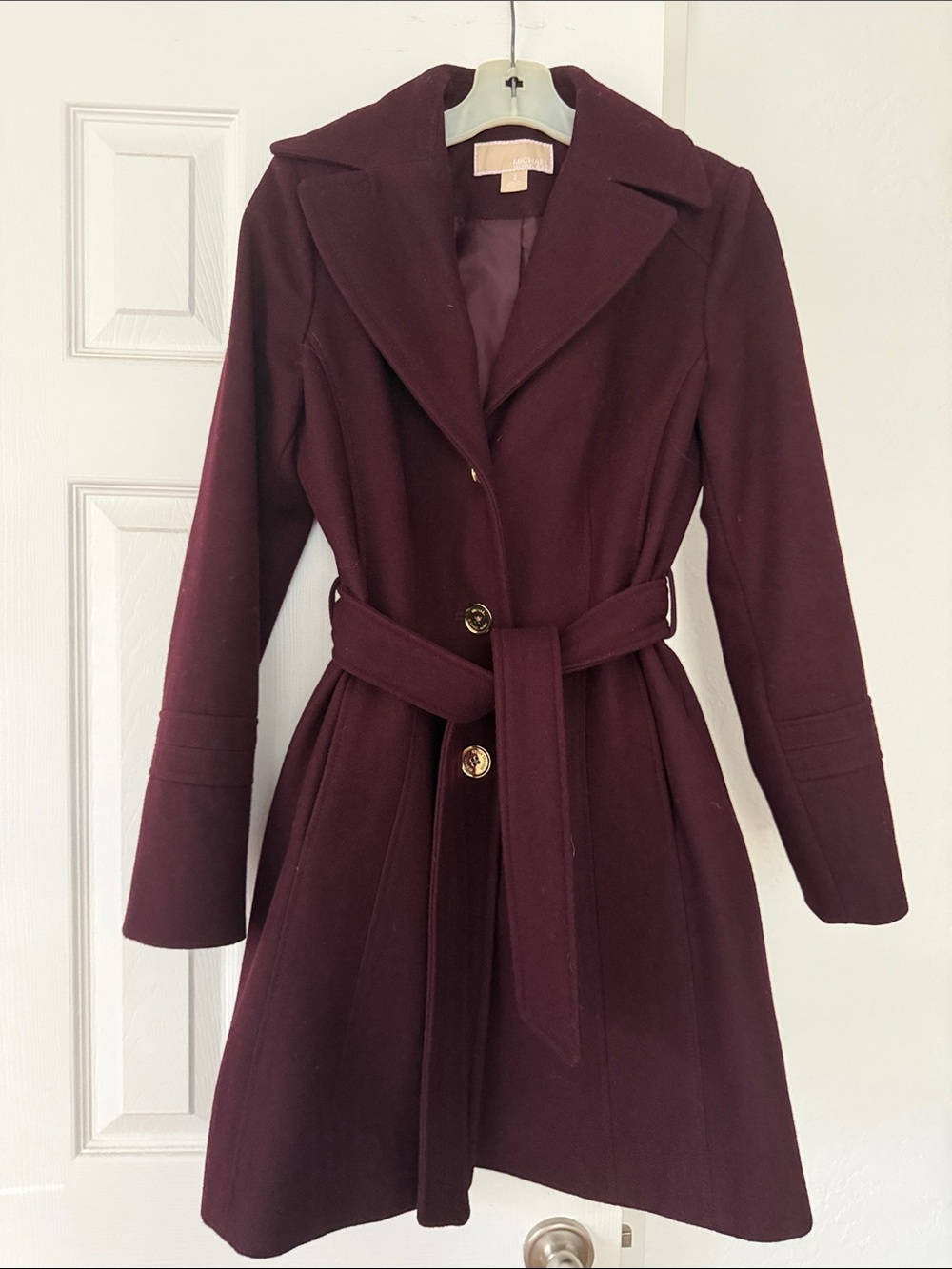 Michael Kors Purple Belted Wool Pea Coat
